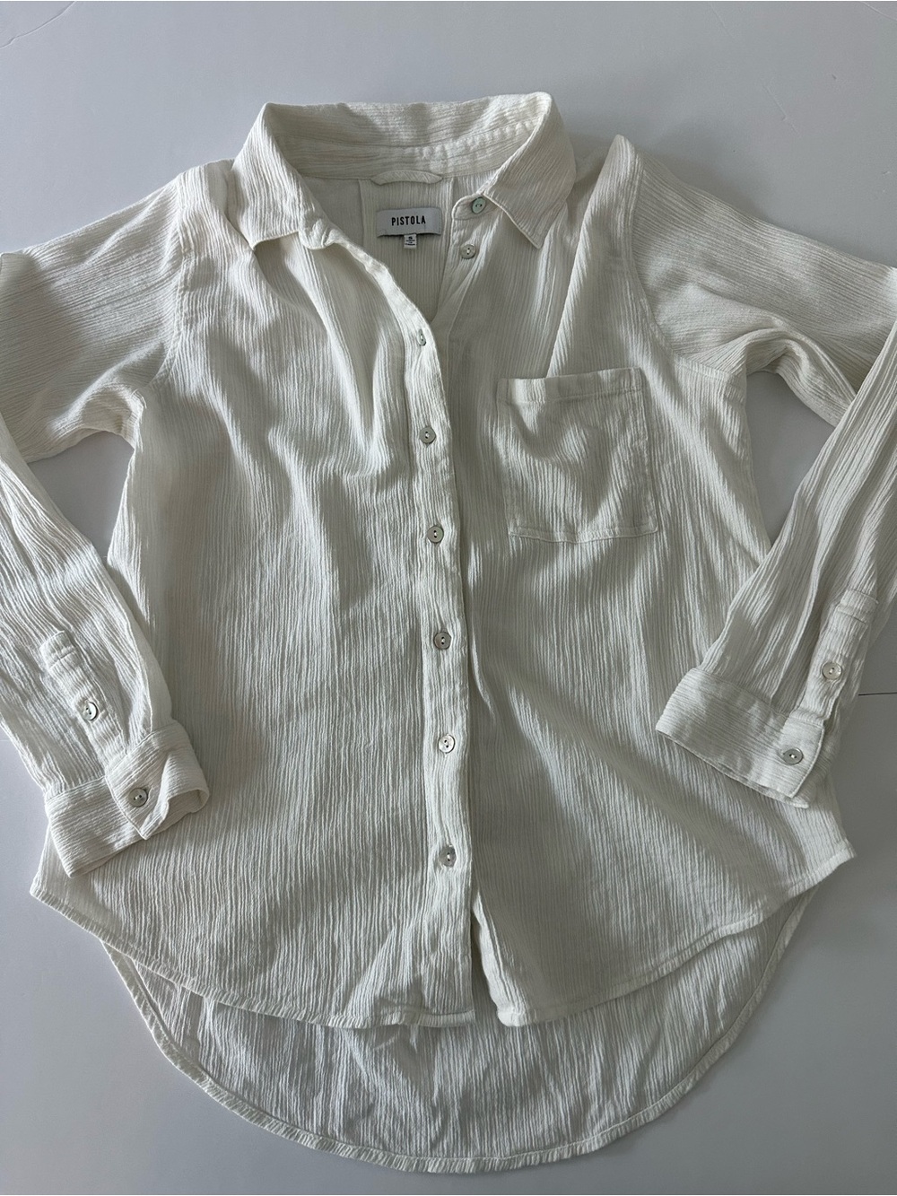 Pistola Women’s White Gauzy Button Down Long Sleeve Shirt Spring Summer Size S